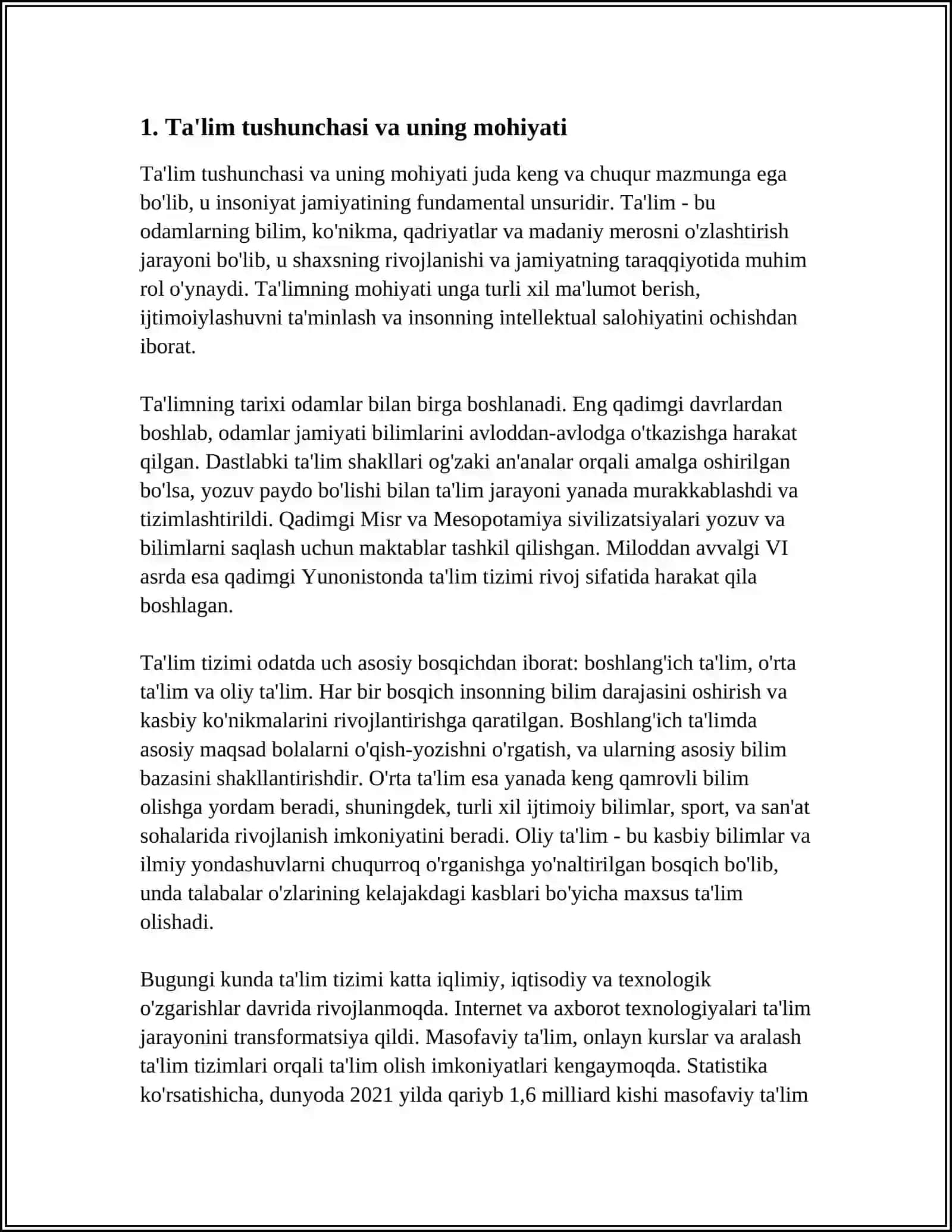 MUSTAQIL ISH Mavzu: TAʼLIM HAQIDAGI UMUMIY QARASHLAR 3