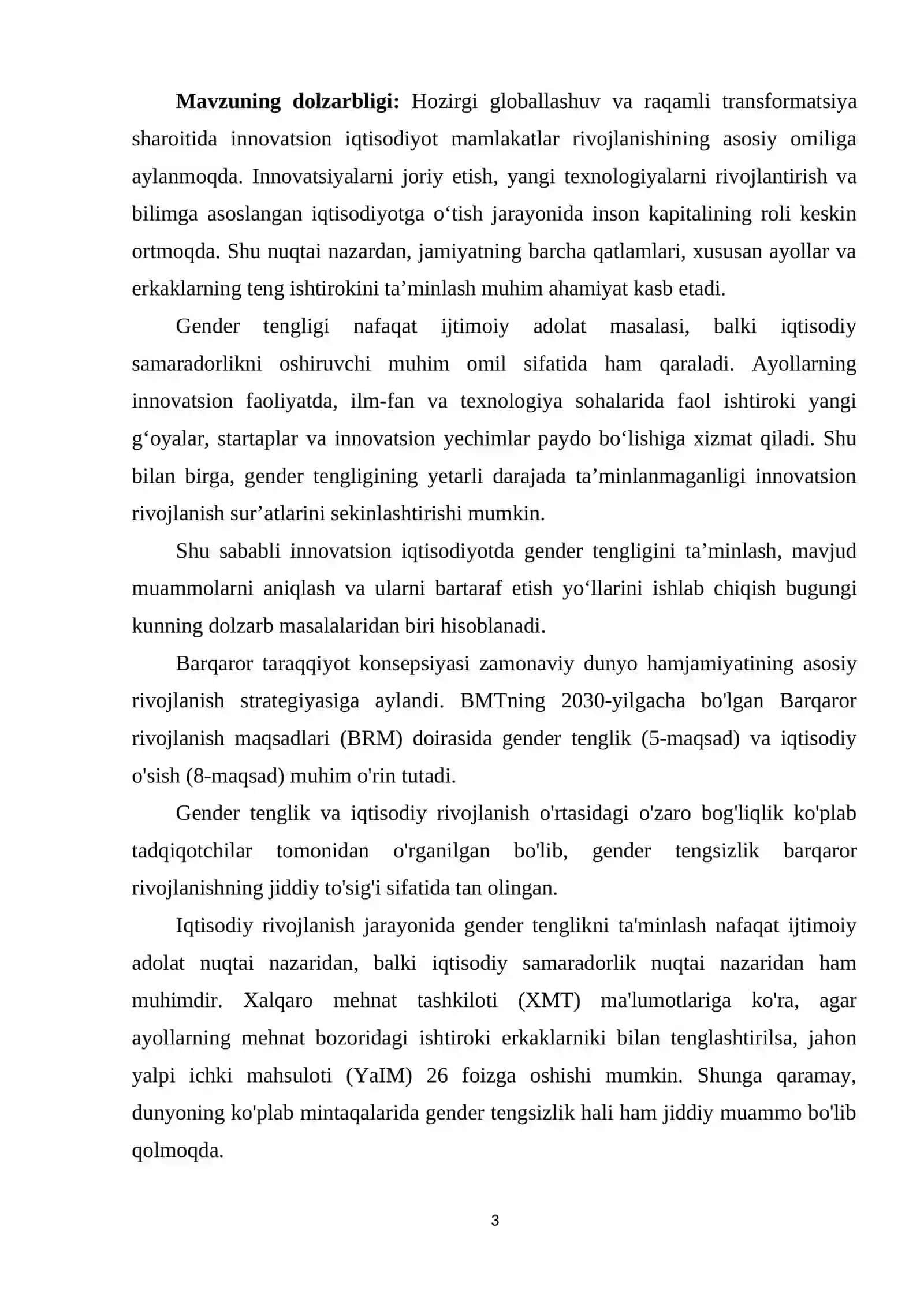 "Innavasion iqtisodiyotda gender tengligi" 3
