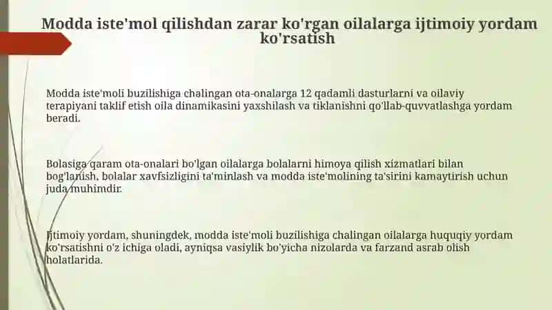 Giyohvondlikka chalingan oilalarga ijtimoiy yordam kursatish 3