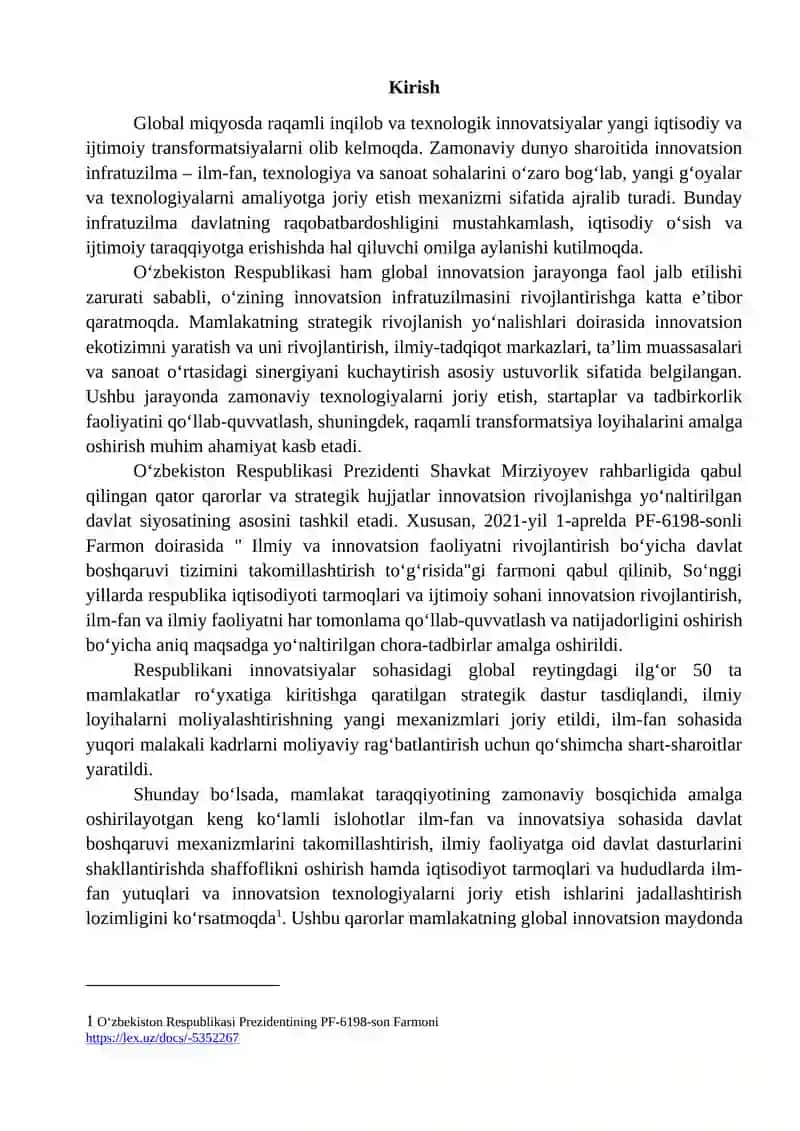 “O‘zbekistonning innovatsion infratuzilmasini rivojlantirish istiqbollari va strategiyalari” mavzusida ilmiy ish 3