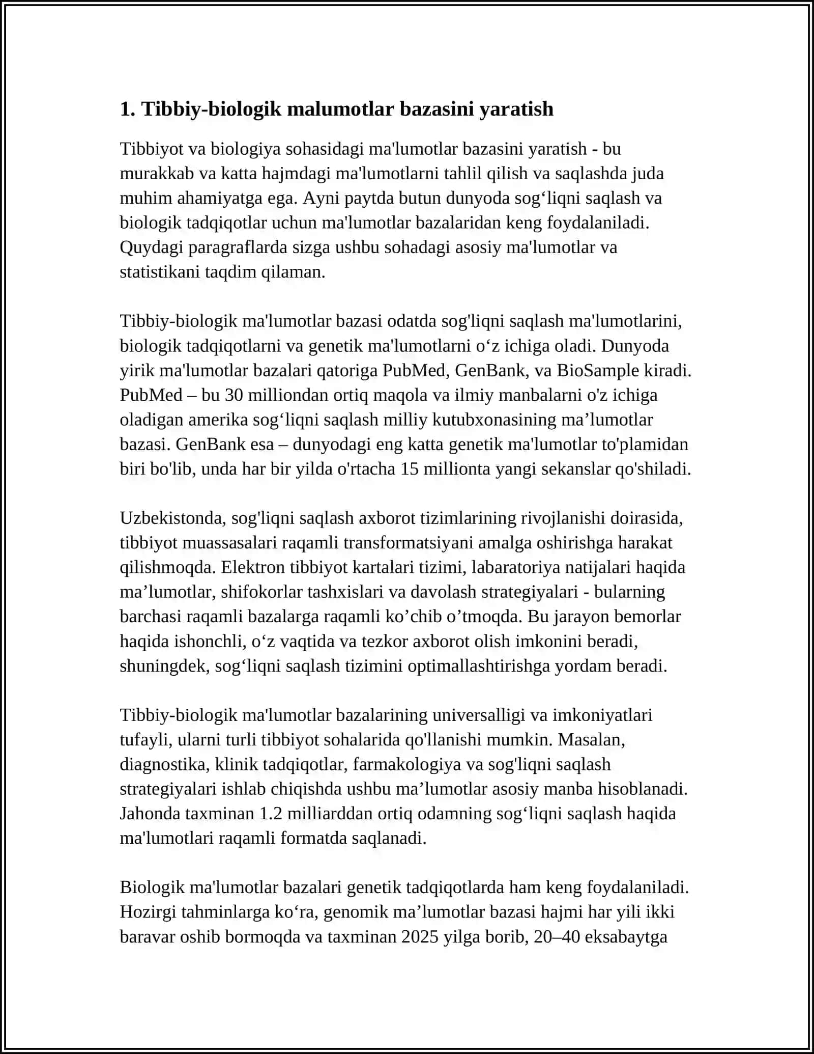 TIBBIY-BIOLOGIK MASALANI YEVHISH MISOLIDA MA`LUMOTLARNI TASHKIL QILISH VA KIRITISH 3