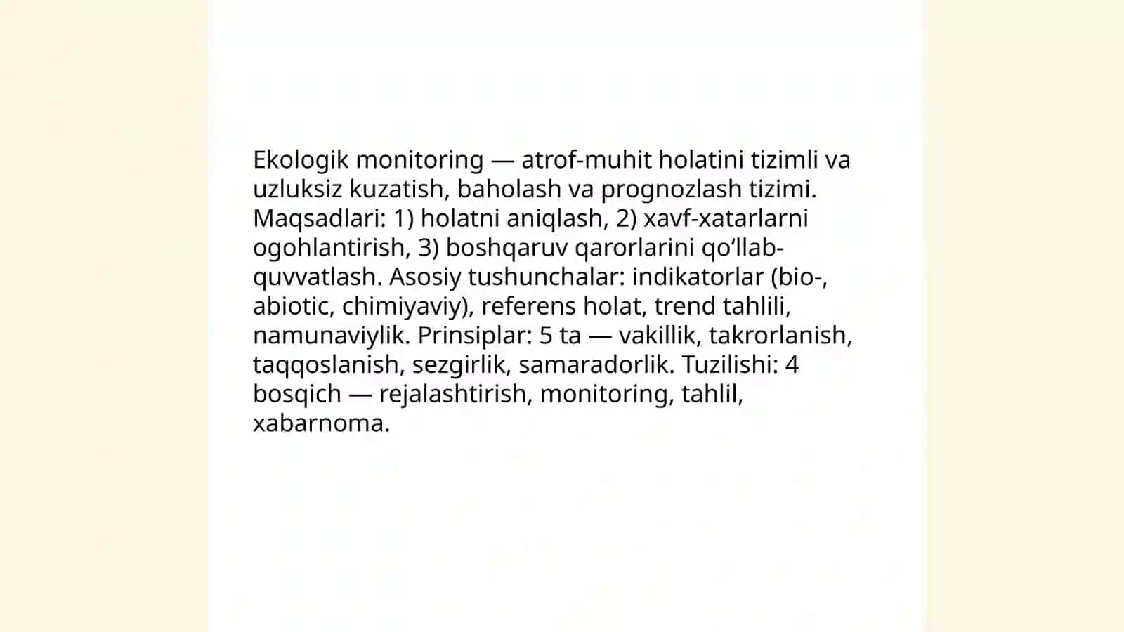 Ekologik monitoring ilmiy asoslari va faning shakillanishi maqsadi va vazifalari. Biomonitoring usullari mezonlari va baxolash usullari 3