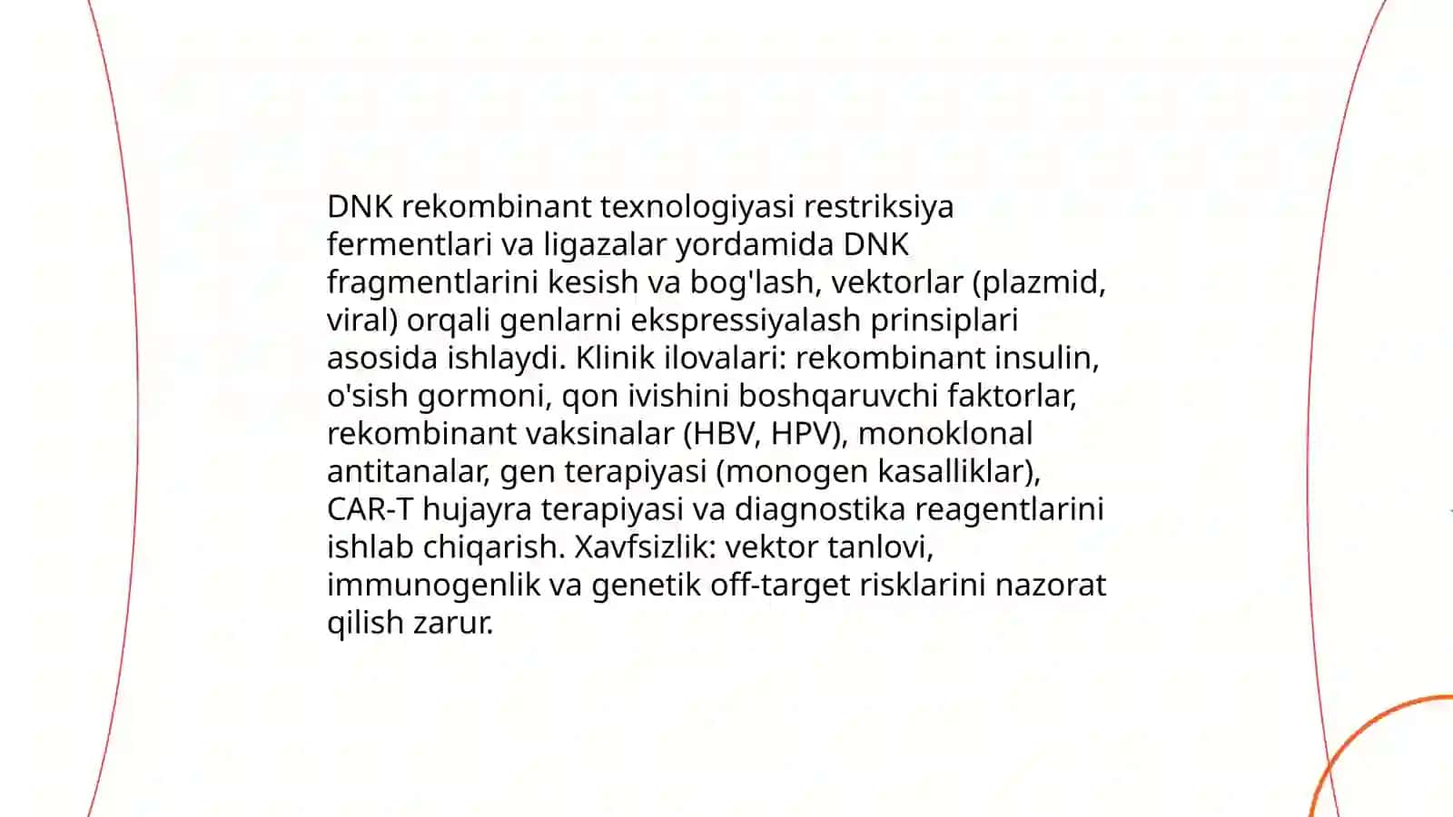 Tibbiyotda DNK rekombinantlarini qo'llanilishi. Viruslarga va o'smalarga qarshi dori vositalarini tasir mexanizimi. Glyukoza tashuvchilarining tuzulishi, spesifikligi, klinik ahamiyati. PZR -tashxis 3
