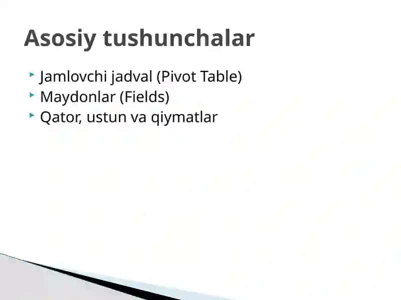 Elektron jadvallarda jamlovchi jadvallar va diagrammalar 3