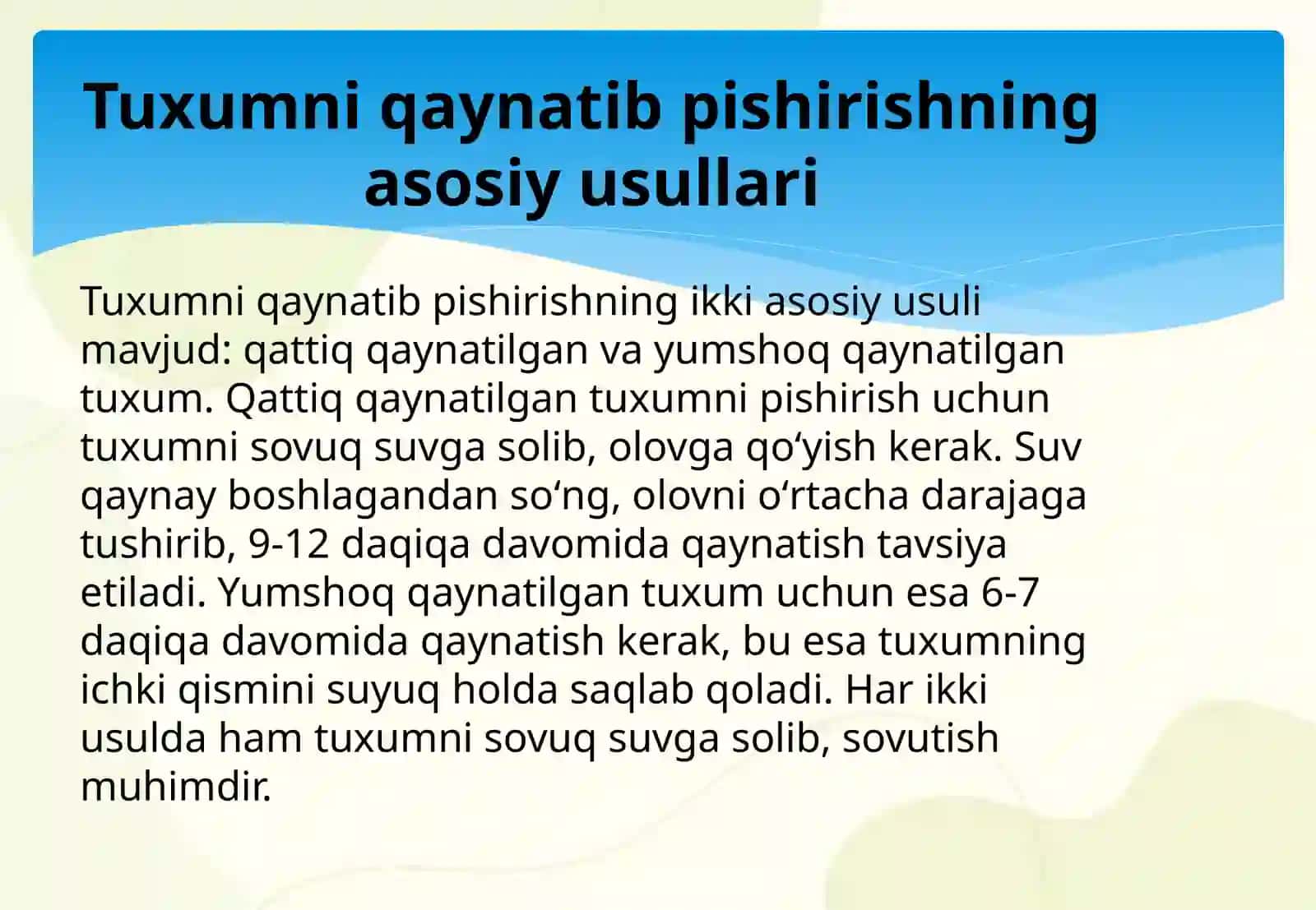 Tuxumdan tayyorlangan taomlar. Tuxumni qaynatib pishirish 3