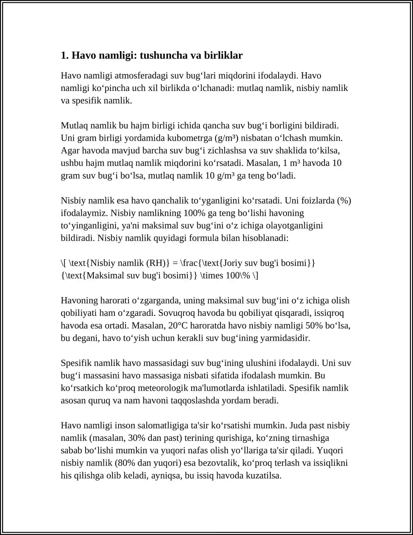 HAVONING NAMLIGI. NAMLIKNI O'LCHASH. TO'YINGAN VA TO'YINMAGAN BUG'LAR 3