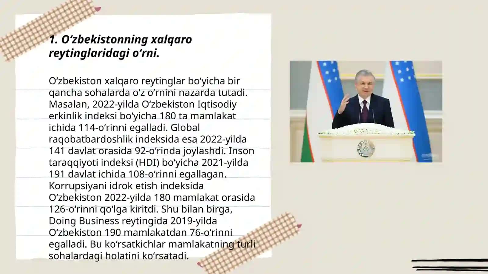 ОʻZBEKISTON RESPUBLIKASINING XALQARO REYTING VA INDEKSLARDAGI ОʻRNI VA NUFUZINI ORTIB BORISHI 3