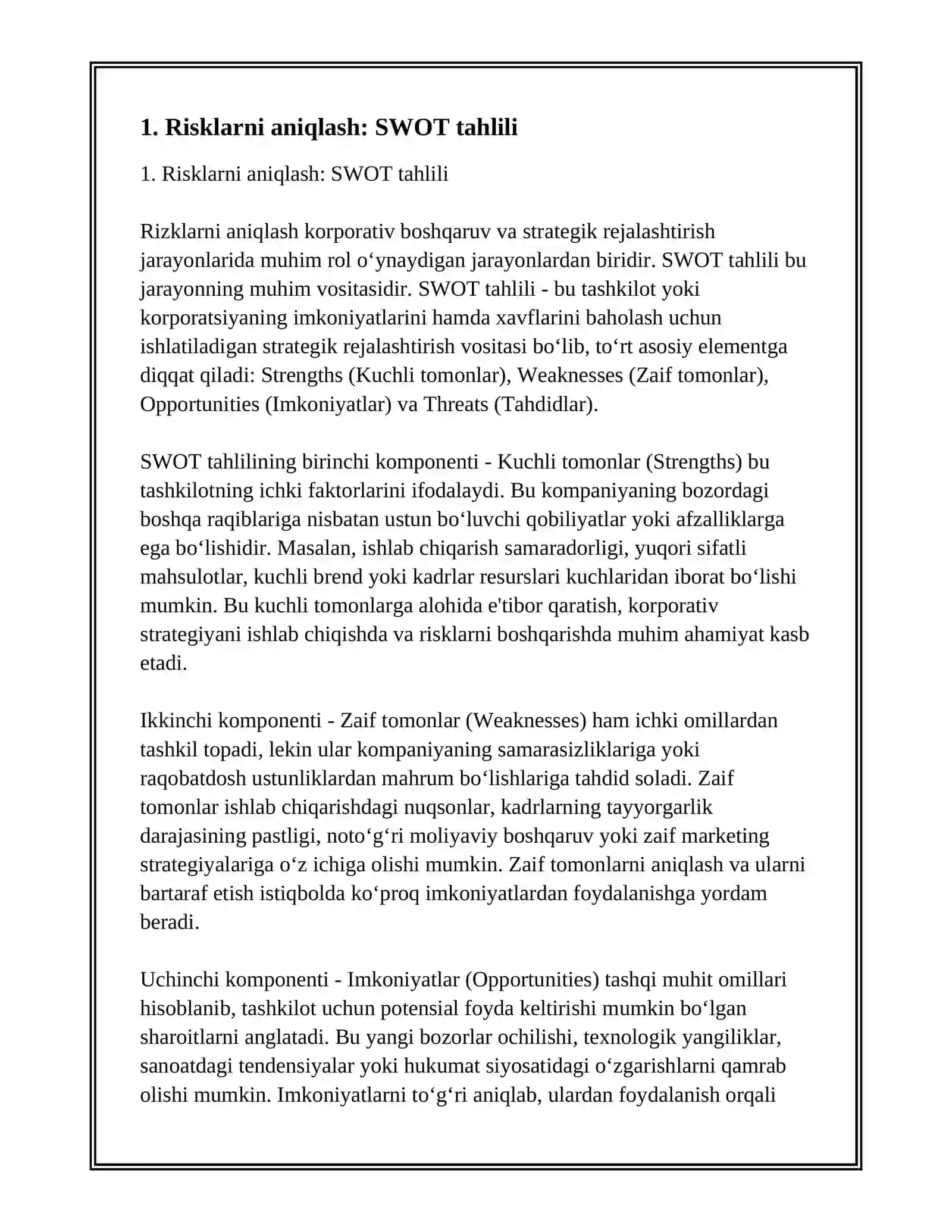 RISKLARNI ANIQLASH, BAHOLASH VA NAZORAT QILISH USULLARI 3
