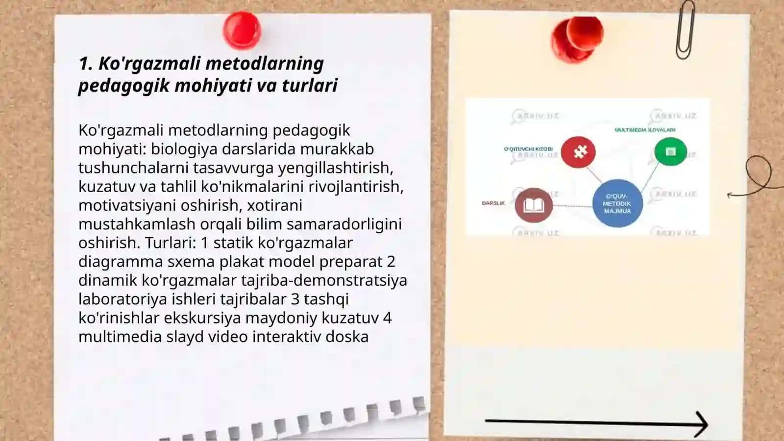 Biologiyani o'qitishda foydalaniladigan ko'rgazmali, amaliy metodlar va ular tarkibiga metodlar hamda ularning turlari 3