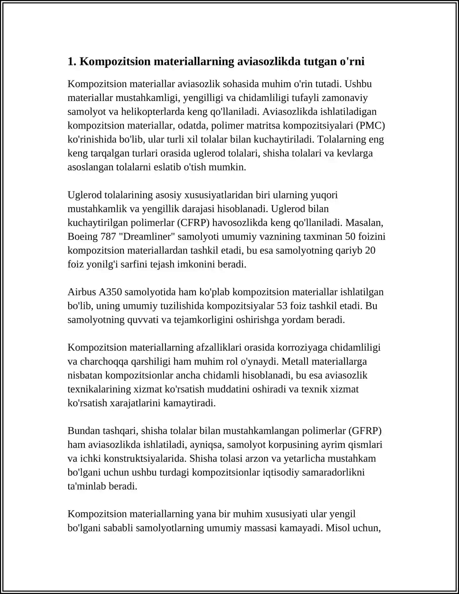 AVIA-RAKETASOZLIKDA KOMPOZITSION MATERIALLARNING ROLI.ULARNI TURLARI,KLASSIFIKATSIYASI, XOSSALARI, QO'LLASH SOHASI 3