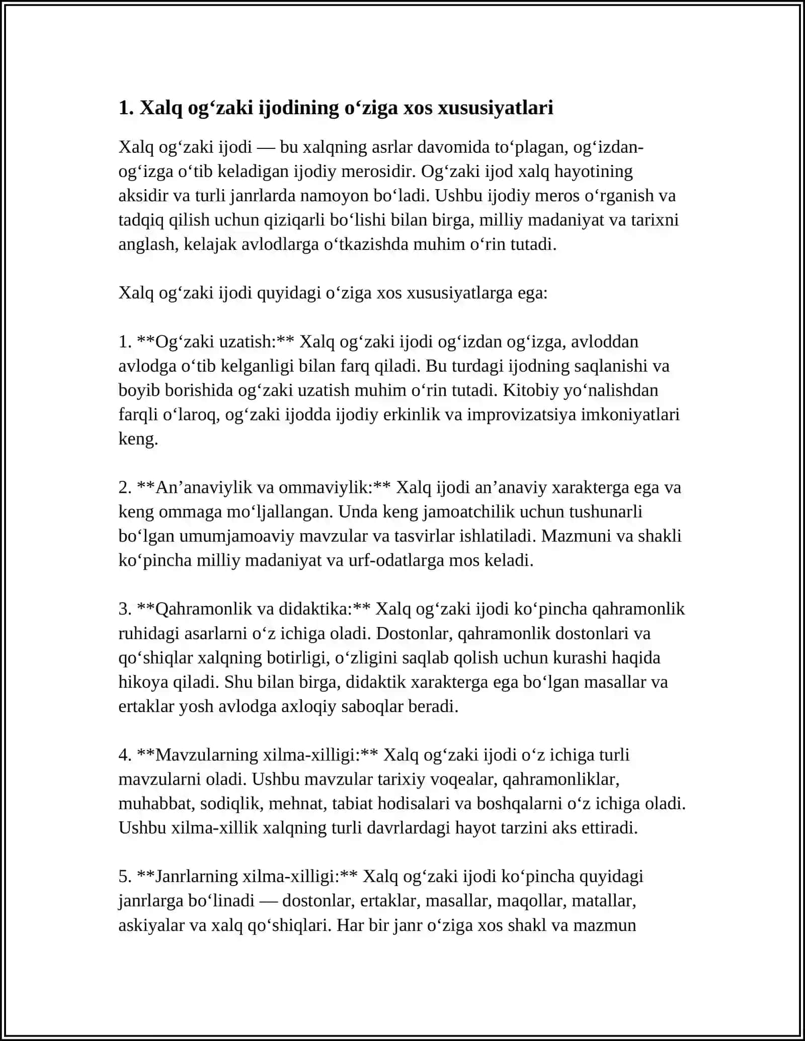 XALQ OGʻZAKI IJODINING ÒZIGA XOS BELGILARI. XALQ OGʻZAKI IJODINING JANRLARI. JANRLARARO MUNOSABATLAR 3