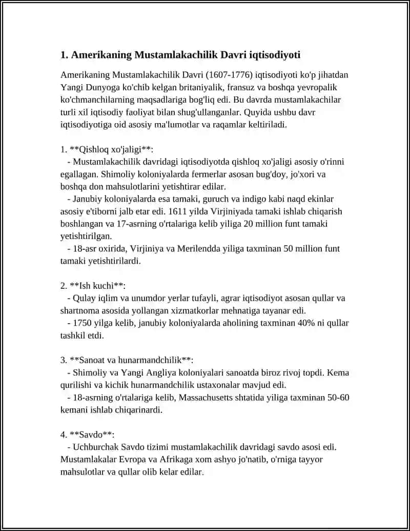 REFERAT Mavzu: AMERIKADA IQTISODIY QOYALARNIG VUJUDGA KELISHI 18-19 ASR 3