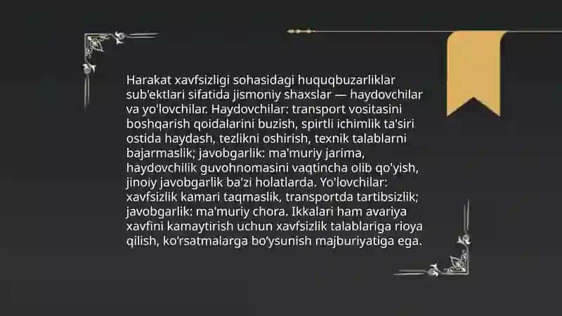 Harakat xavfsizligi sohasidagi huquqbuzarliklar sub'ektlari 3