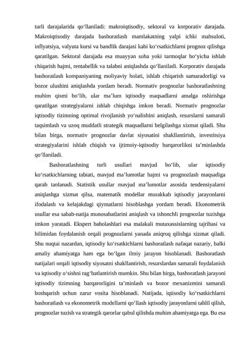 Iqtisodiy ko‘rsatkichlarni bashoratlashda ekonometrik modellaridan foydalanish. Iqtisodiy bashoratlash. Normativ prognozlar. Bashoratlash usullari va uning turlari. 3