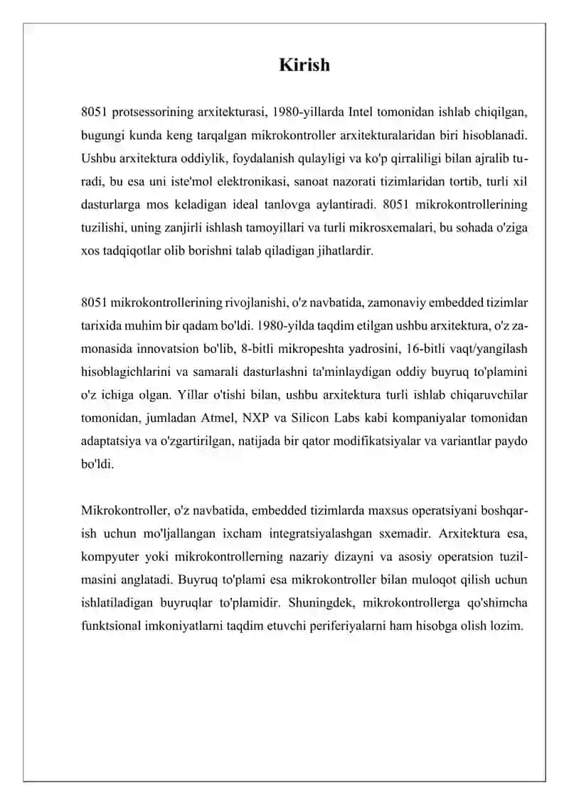 8051 protsessorining arxitekturasi va uning xususiyatlari (tuzilishi, ishlash tamoillari, mikrosxemalari) 3