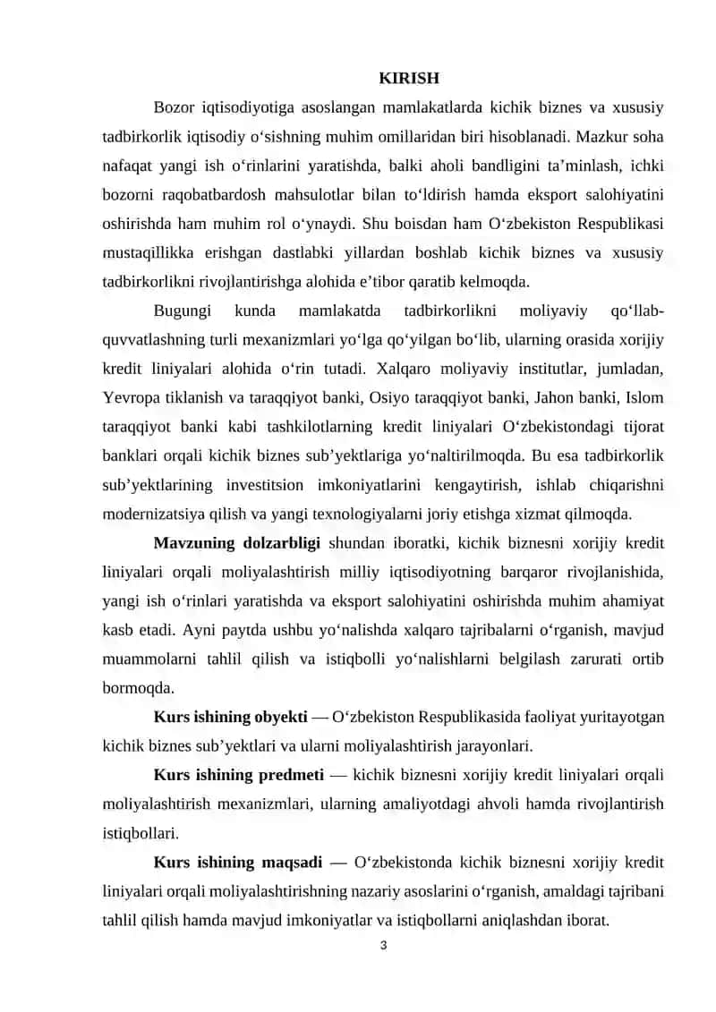 O‘ZBEKISTON KICHIK BIZNESNI XORIJIY KREDIT LINIYALARI ORQALI MOLIYALASH 3