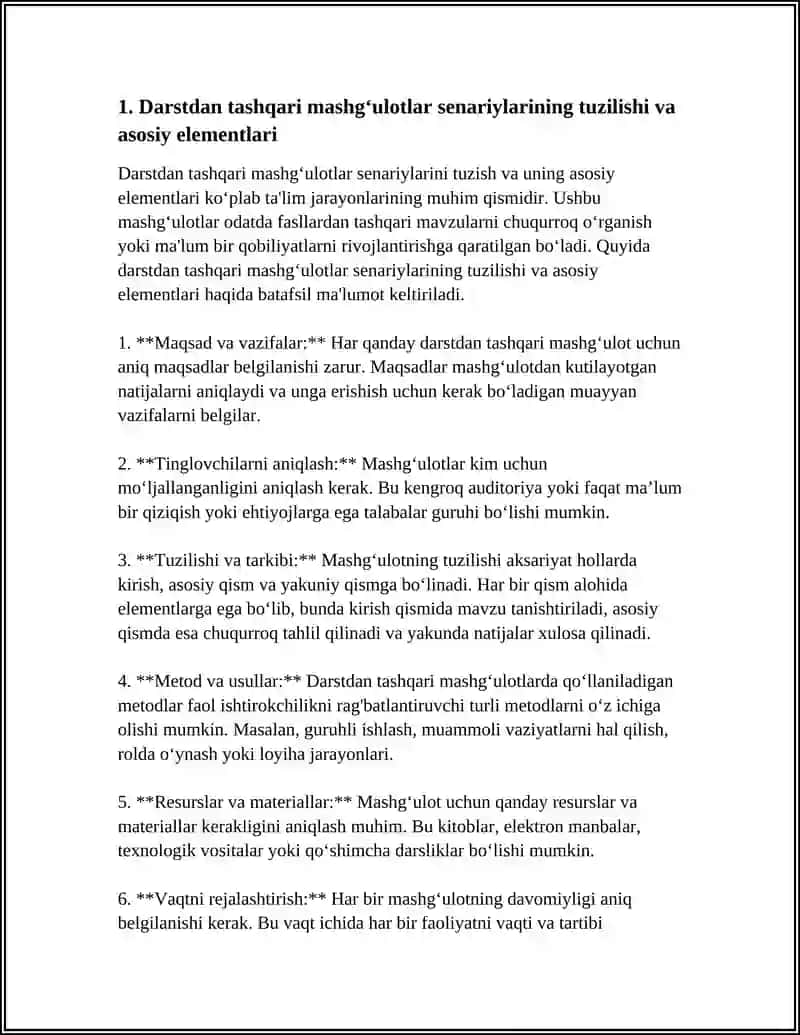 Mavzu: DARSDAN TASHQARI MASHGʻULOTLARNI OʻTKAZISH SENARIYLARI BILAN TANISHISH 3
