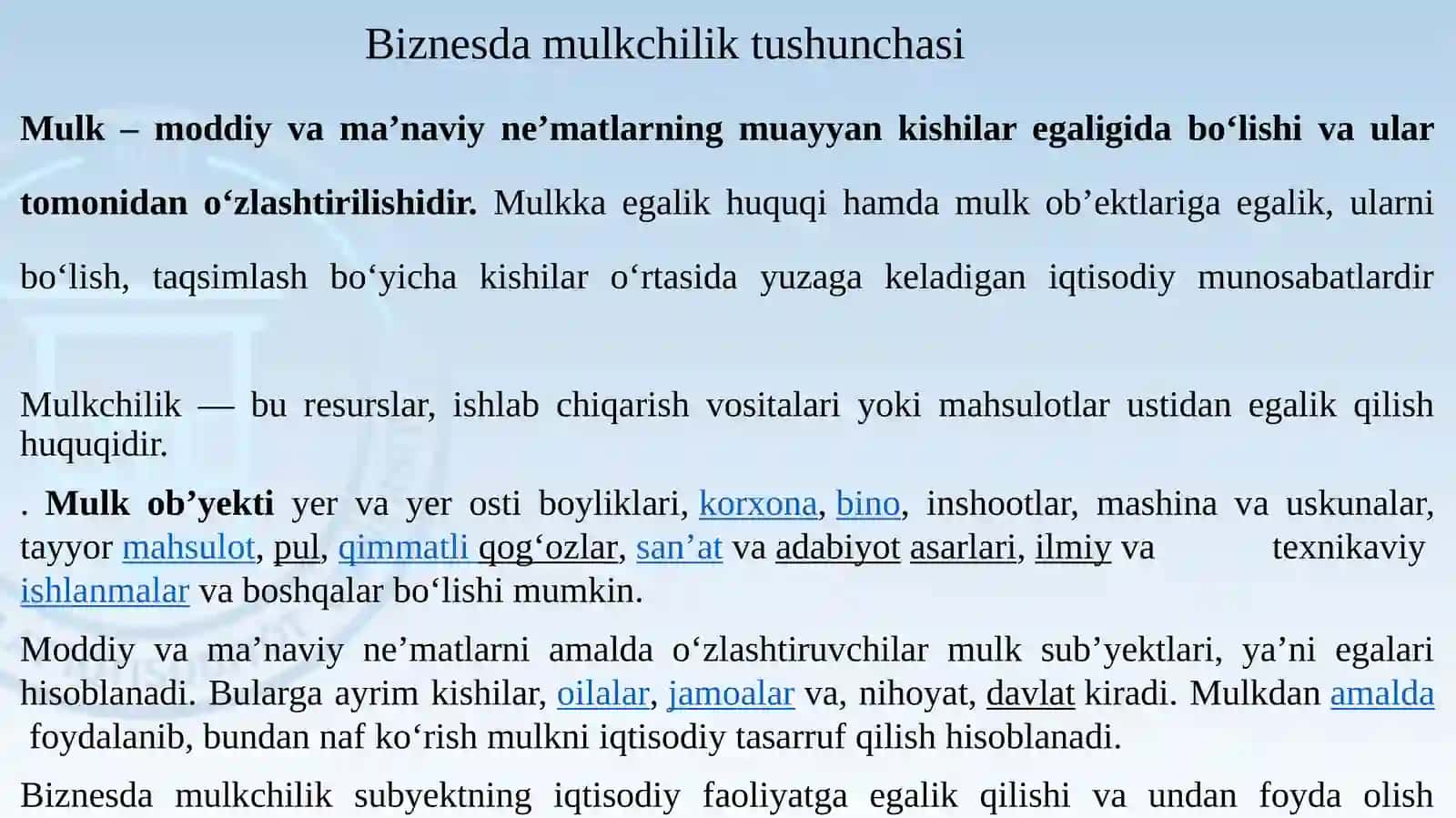 BIZNESDА MULK TUSHUNCHАSI VА MULKCHILIK SHАKLLАRI 3