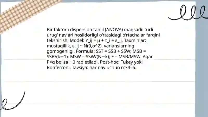 Qishloq xoʻjaligi sohasida uchraydigan masalalarni bir faktorli dispersion tahlil usuli bilan tekshirish 3