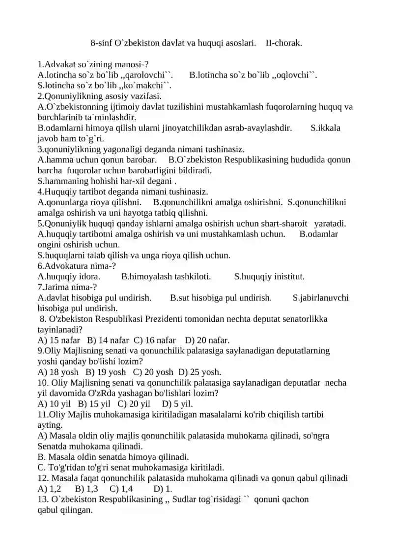 O`zbekiston davlati va huquqi asoslari fanidan test II-chorak 3