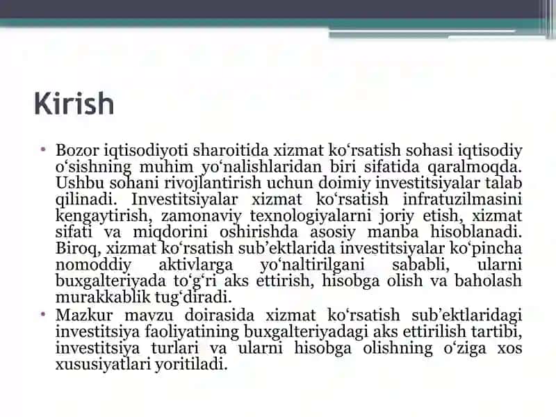 Xizmat ko‘rsatish sub’ektlarida investitsiyalarni hisobga olishning o‘ziga xos xususiyatlari. 3