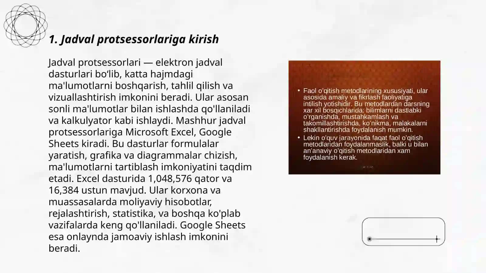 Jadval protsessorlarini oʻrganish metodikasi 3