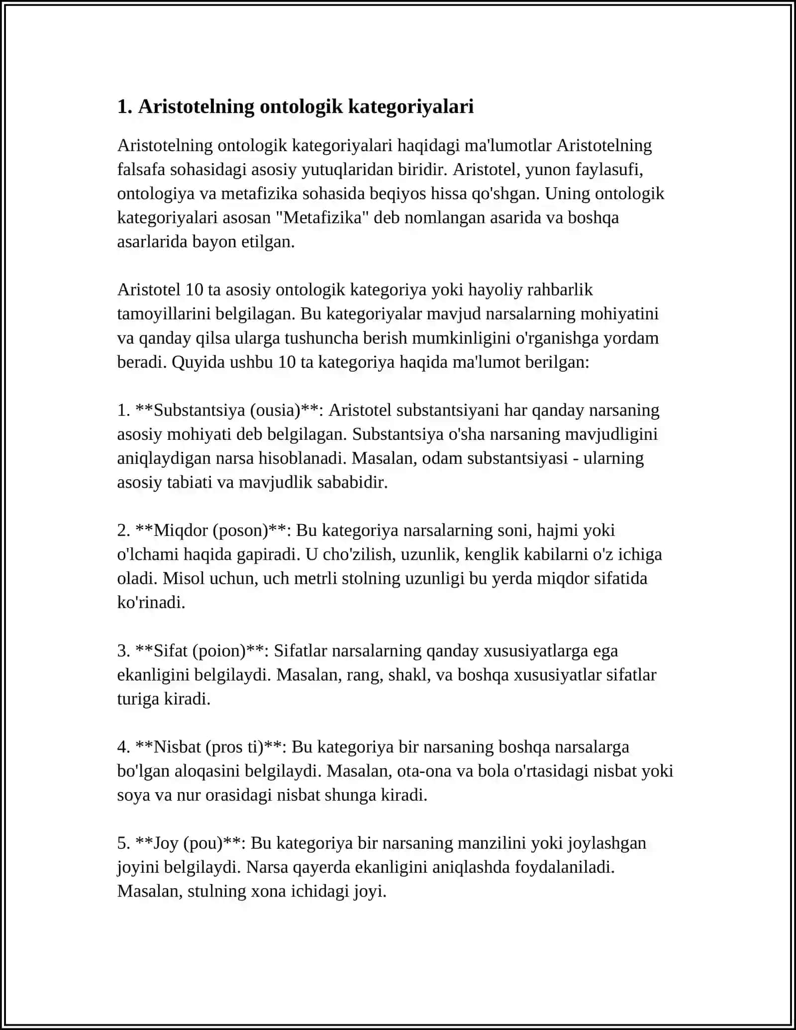 ARISTOTEL, FAROBIY VA KANTNING ONTOLOGIYASIDA KATEGORIYALAR TASNIFINI QIYOSIY ETISH VA FARQINI ANIQLASH 3