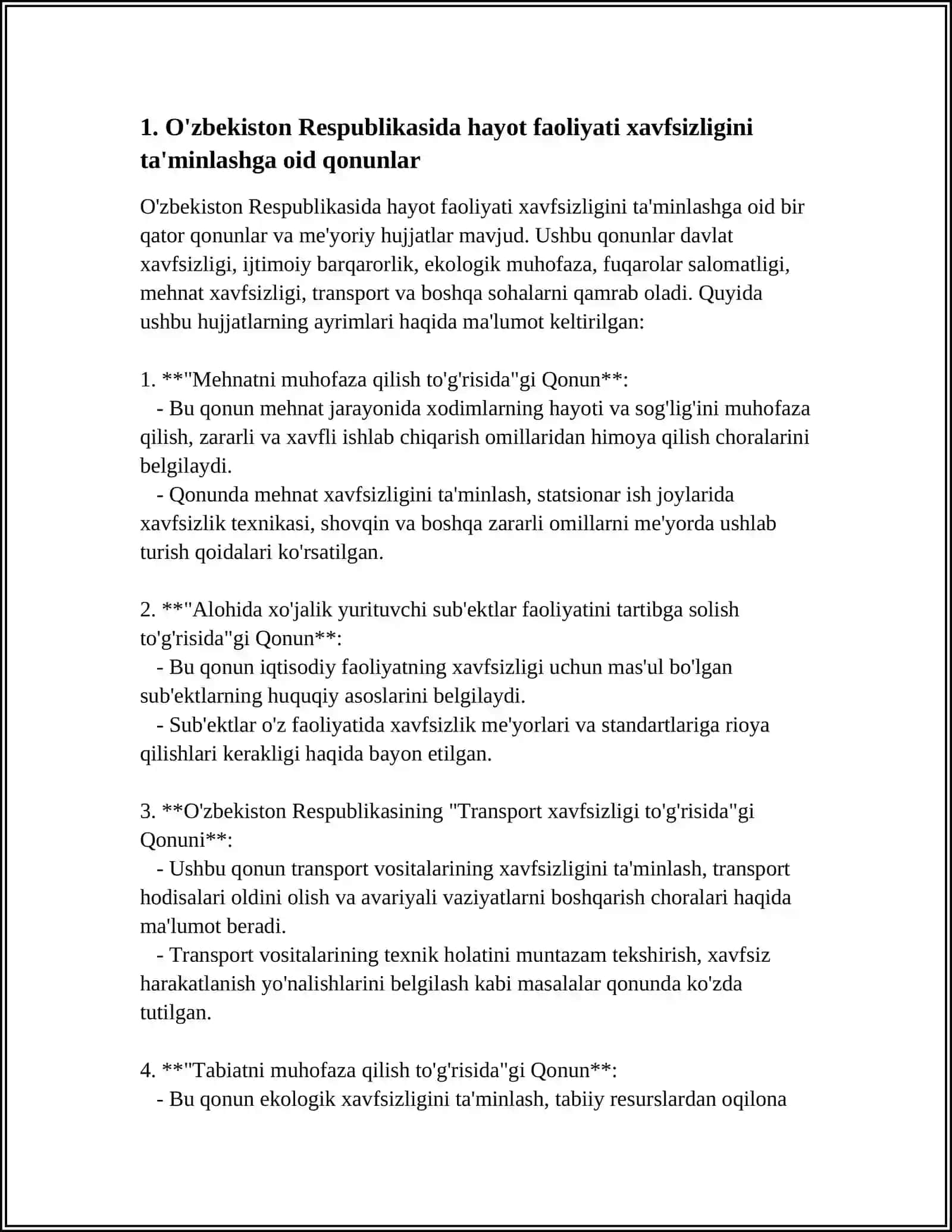 ÒZBEKISTON RESPUBLIKASIDA HAYOT FAOLIYAT XSVFSIZLIGINI TAMINLASH SOHASIDA QABUL QILINGAN QONUN VA MEYORIY HUJJATLAT TIZIMI 3