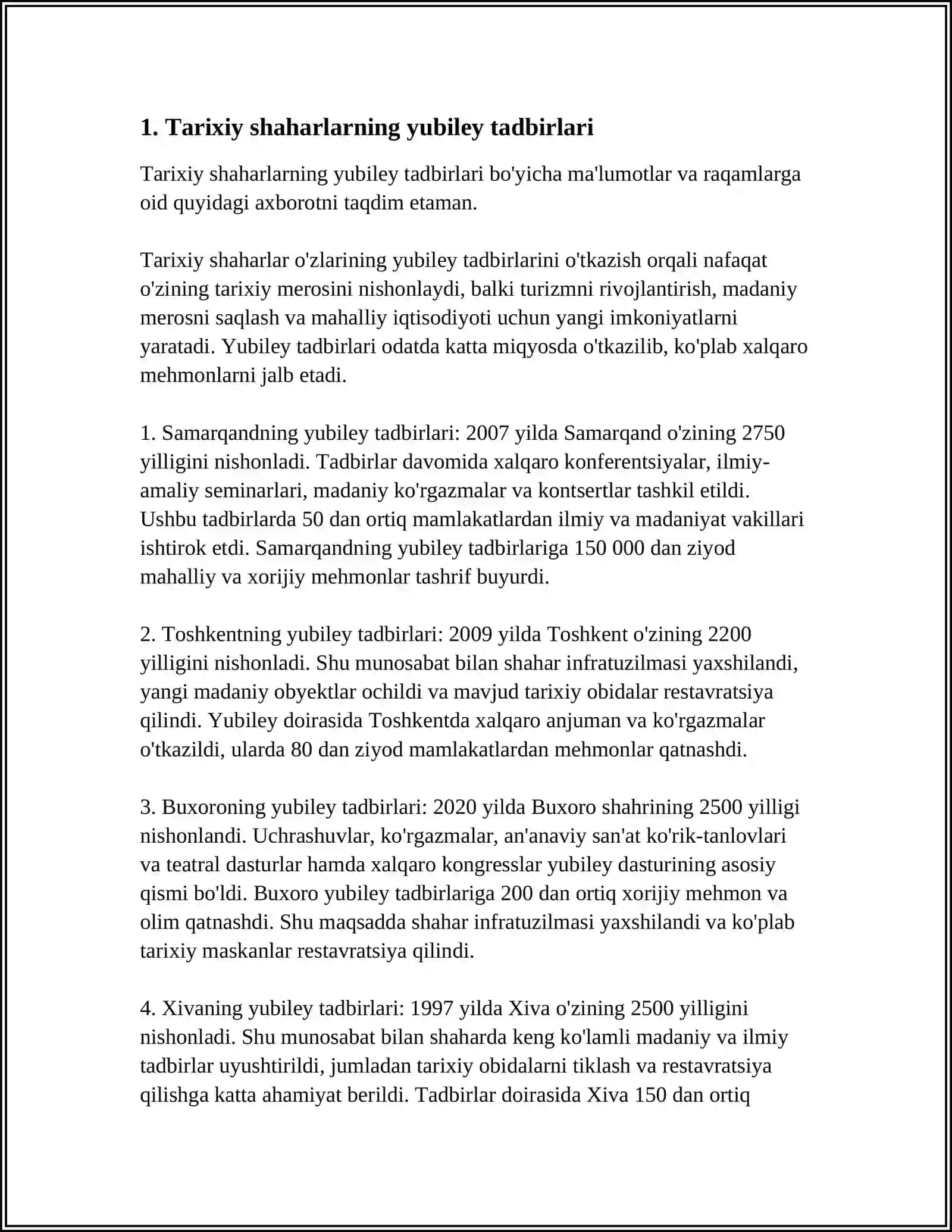 TARIXIY SHAHARLARNING YUBILEYLARINI XALQARO MIQYOSDA NISHONLANISH 3