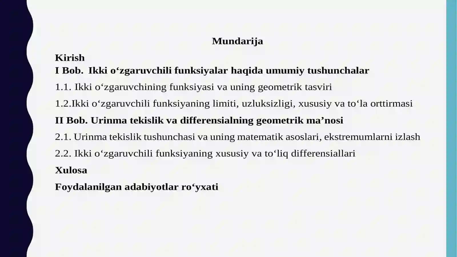 Ikki oʻzgaruvchili funksiya grafigiga oʻtkazilgan urinma tekislik va differensialining geometrik ma’nosi 3