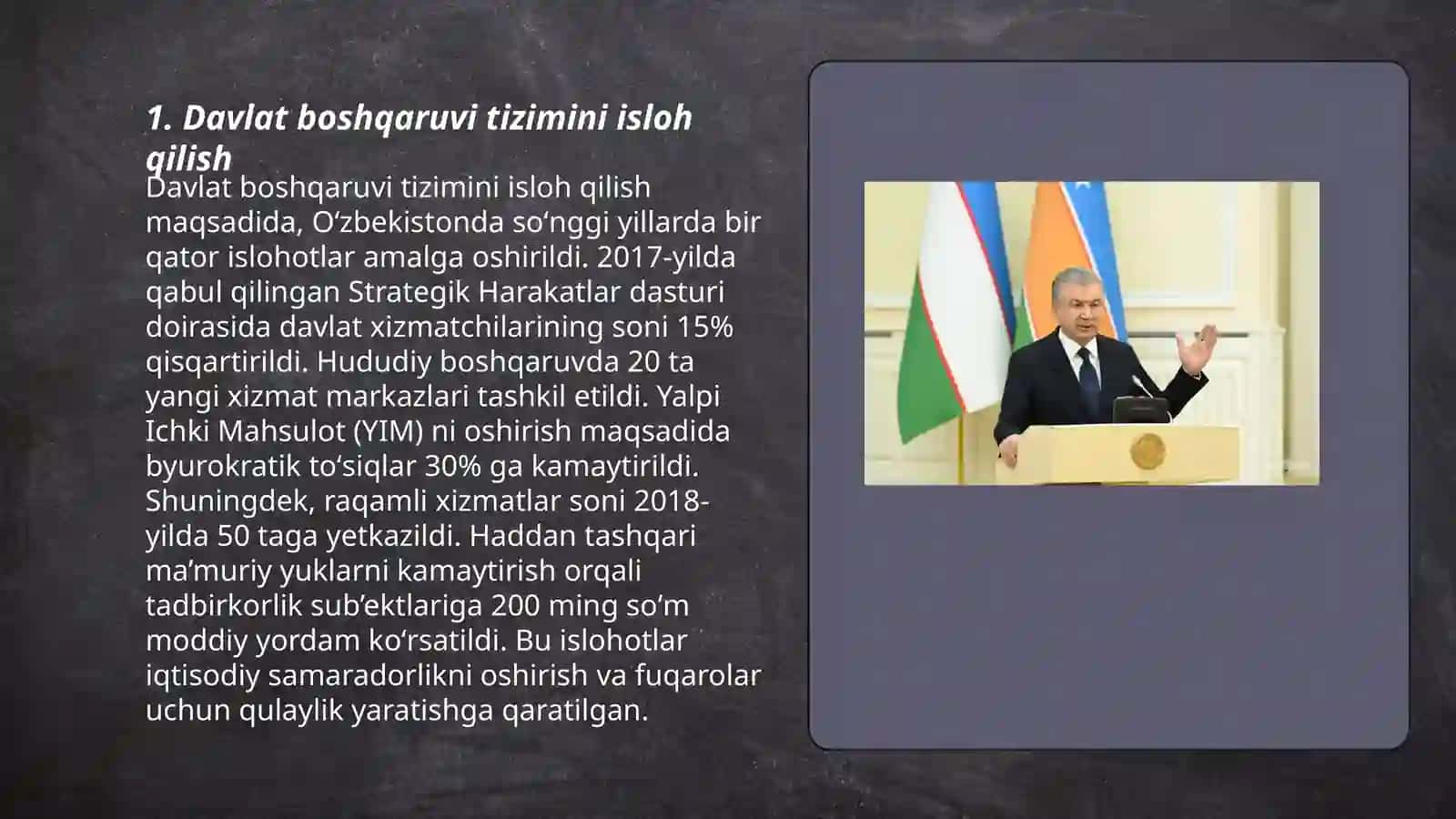 Yangi Oʻzbekistonda Shavkat Miromonovich Mirziyoyev rahbarligi va tashabbusi ostida amalga oshirilayotgan islohotlar 3
