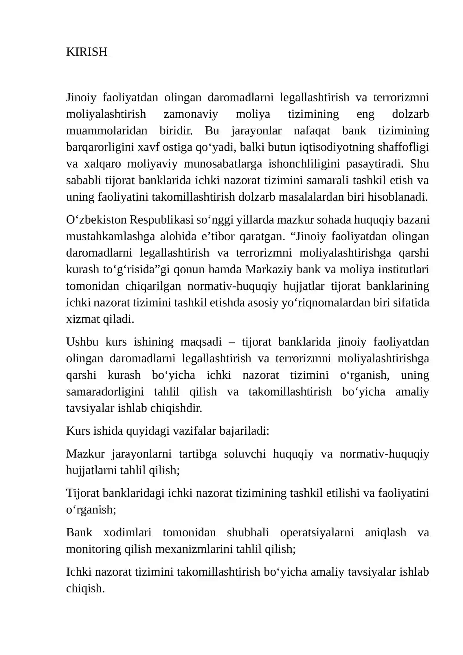 TIJORAT BANKLARIDA JINOIY FAOLIYATDAN OLINGAN DAROMADLARNI LEGALLASHTIRISHGA VA TERRORIZMNI MOLIYALASHTIRISHGA QARSHI KURASHISH BO'YICHA ICHKI NAZORAT TIZIMI 3
