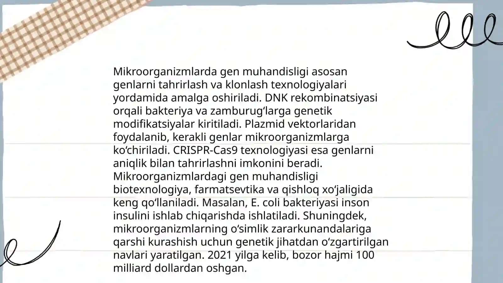 Mikroorganizmlarni gen muhandisligida qo'llanilishi va ushbu yo'nalishda erishilgan yutuqlarni taxlil qilish 3