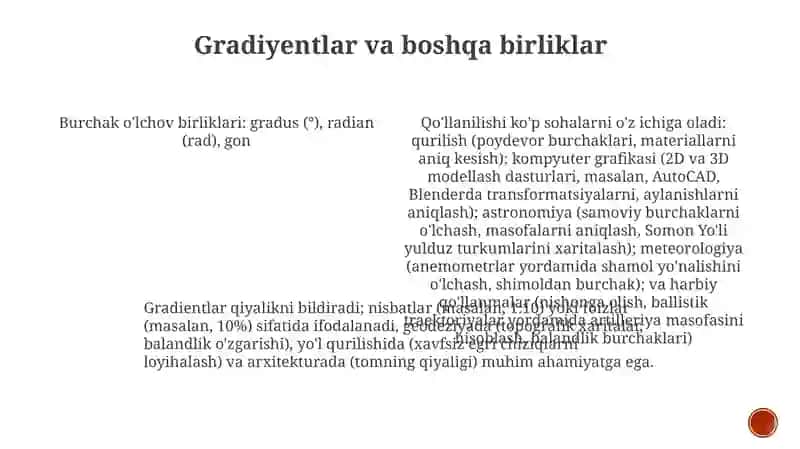 Burchak o'lchovlari turlari va ularning qoʼllanilish sohalari 3
