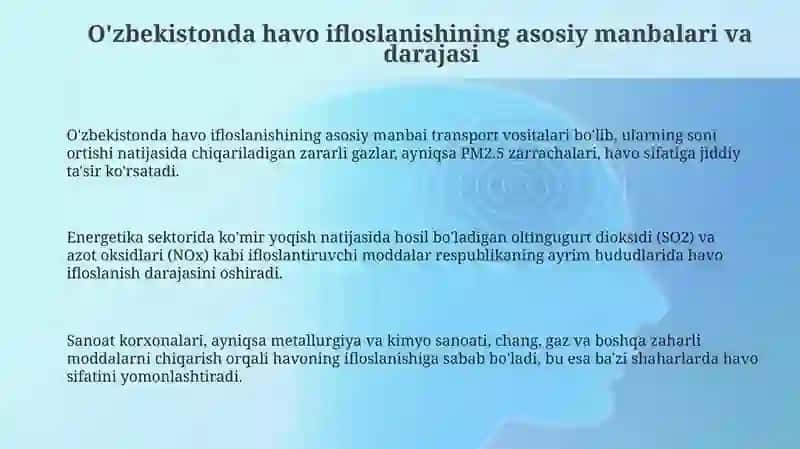 O'zbekistonda havo ifloslanishi: Manbalar, Ta'sirlar va Monitoring 3