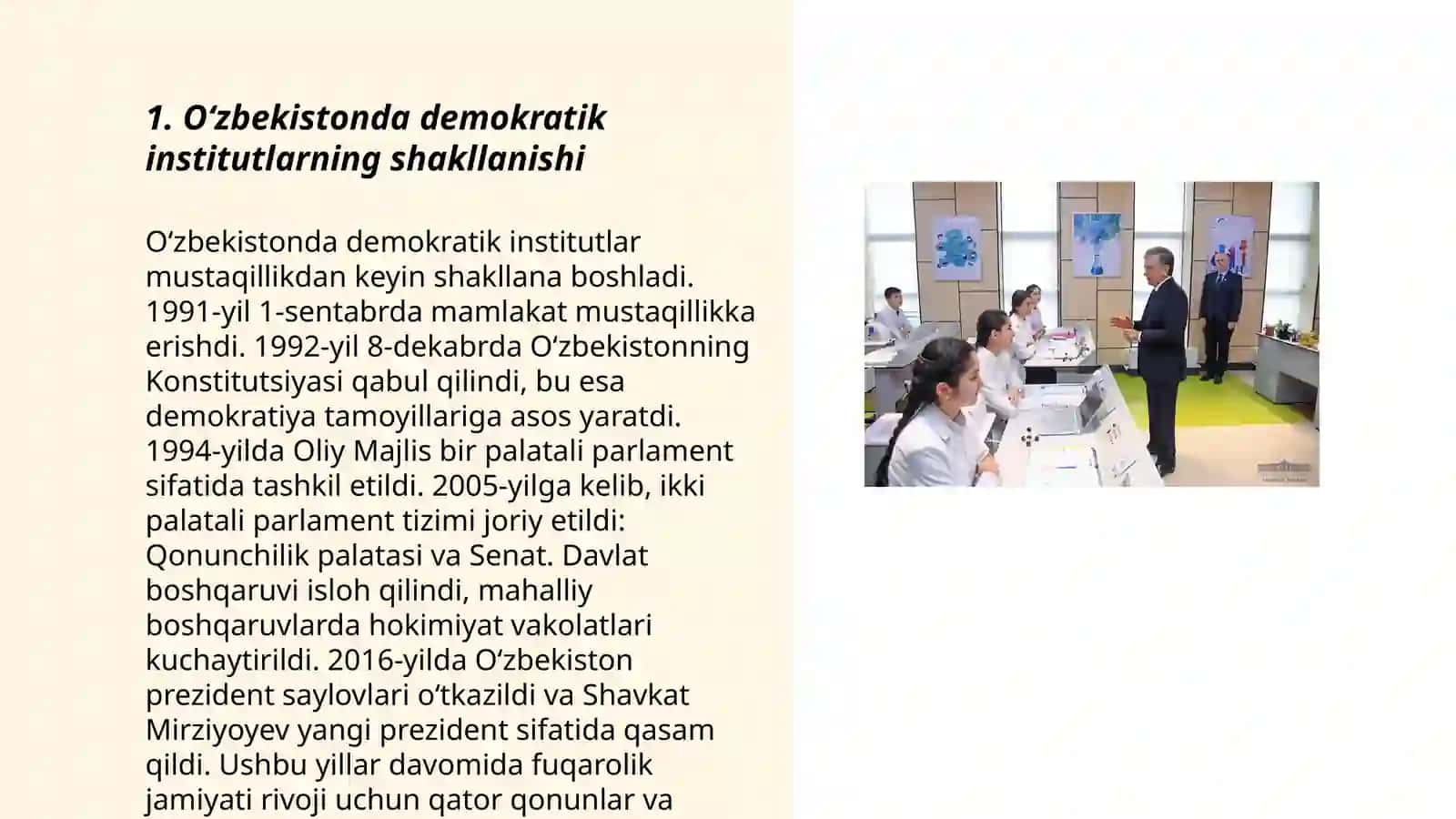 O‘zbekistonda demokratik, fuqarolik jamiyati asoslarining shakllanishi, amalga oshirilgan siyosiy islohotlar 3