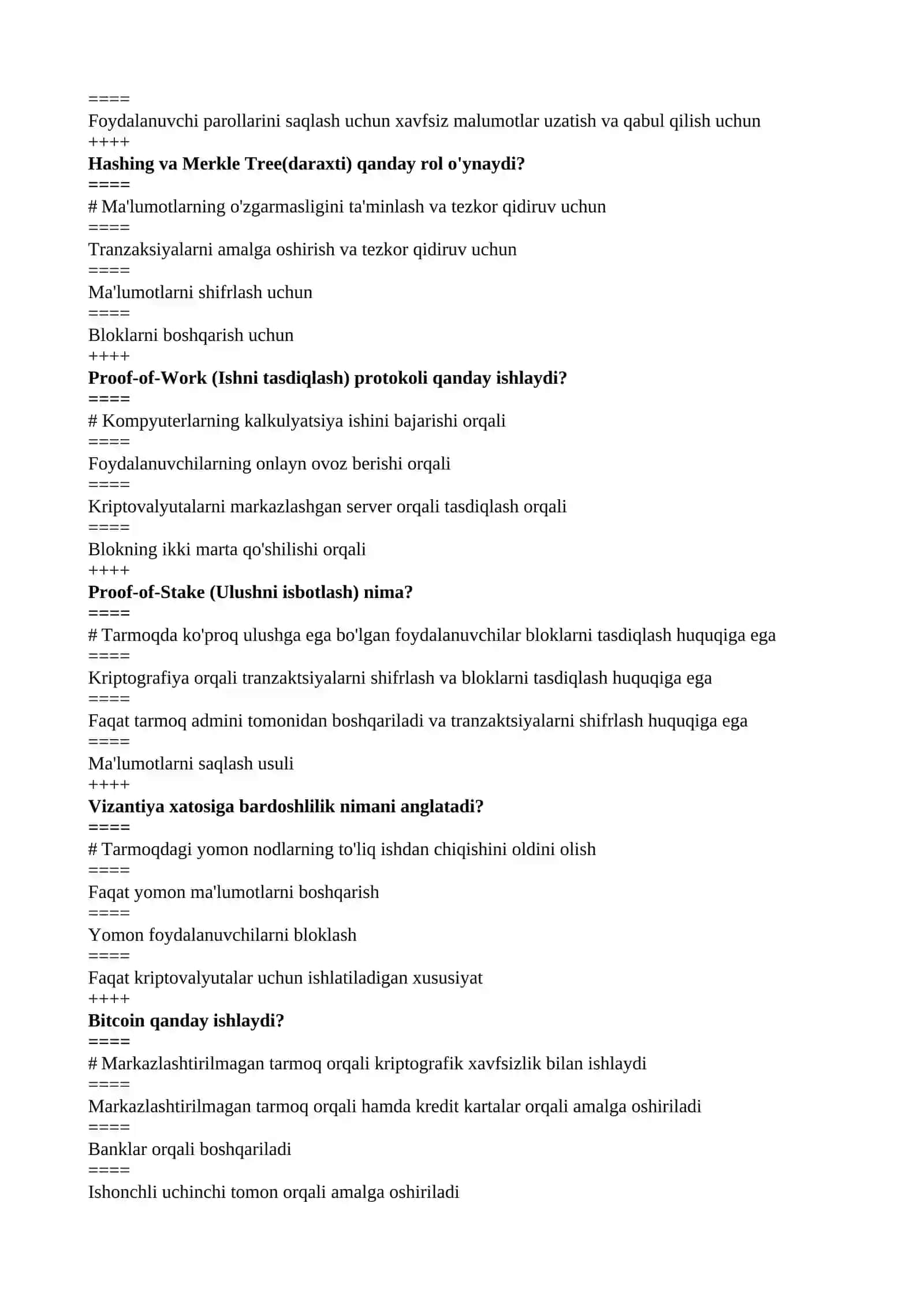 Blokcheyn va tasqimlangan reestr fanidan yakuniy nazorat testlari 3