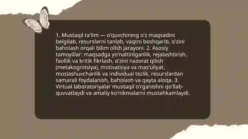 Mustaqil taʼlim va laboratoriya mashgʻulotlarining turlari, virtual laboratoriyalar 3