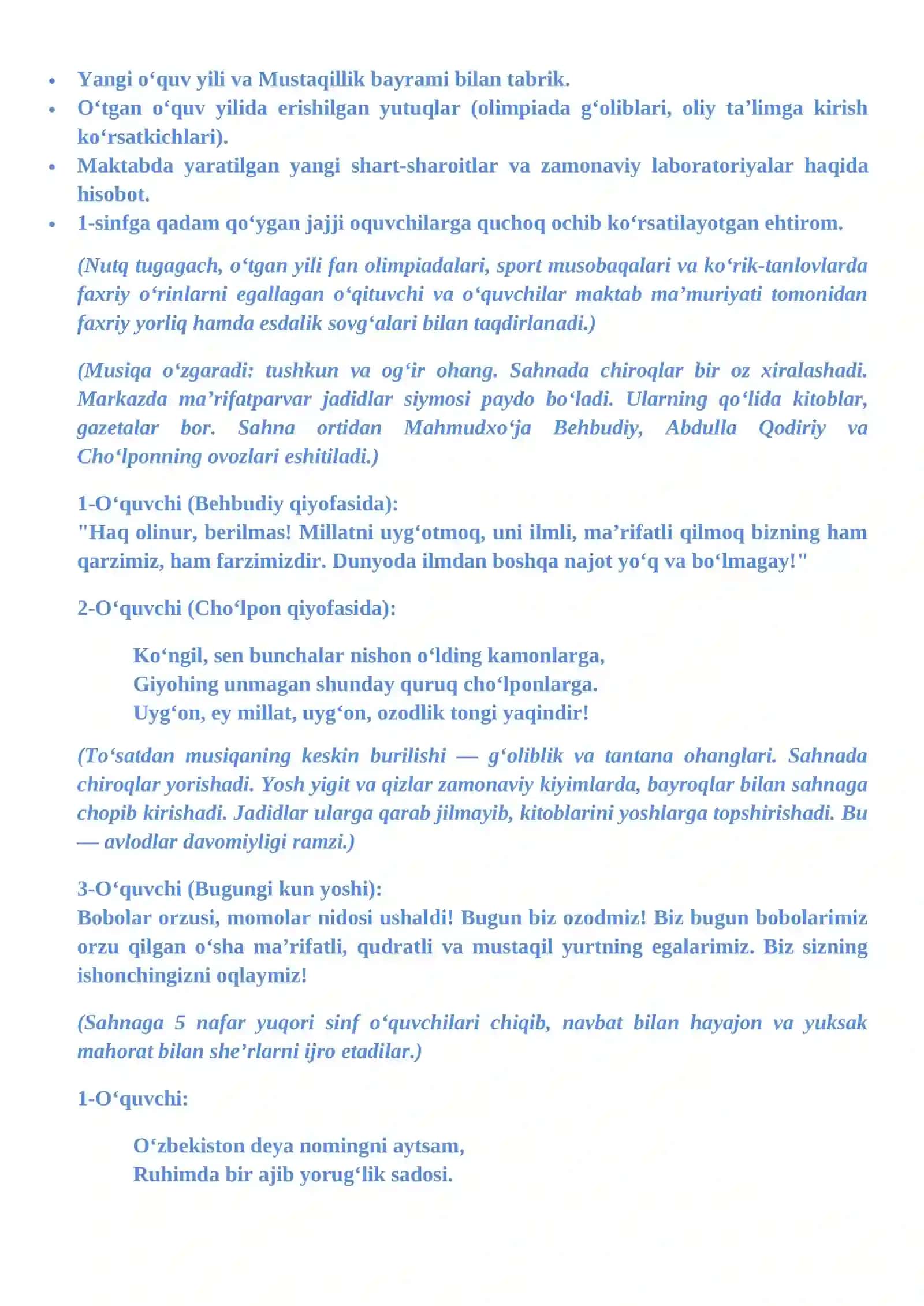OʻZBEKISTON RESPUBLIKASI MUSTAQILLIGINING 35 YILLIGIGA BAGʻISHLANGAN TANTANALI BAYRAM TADBIRI SSENARIYSI 3