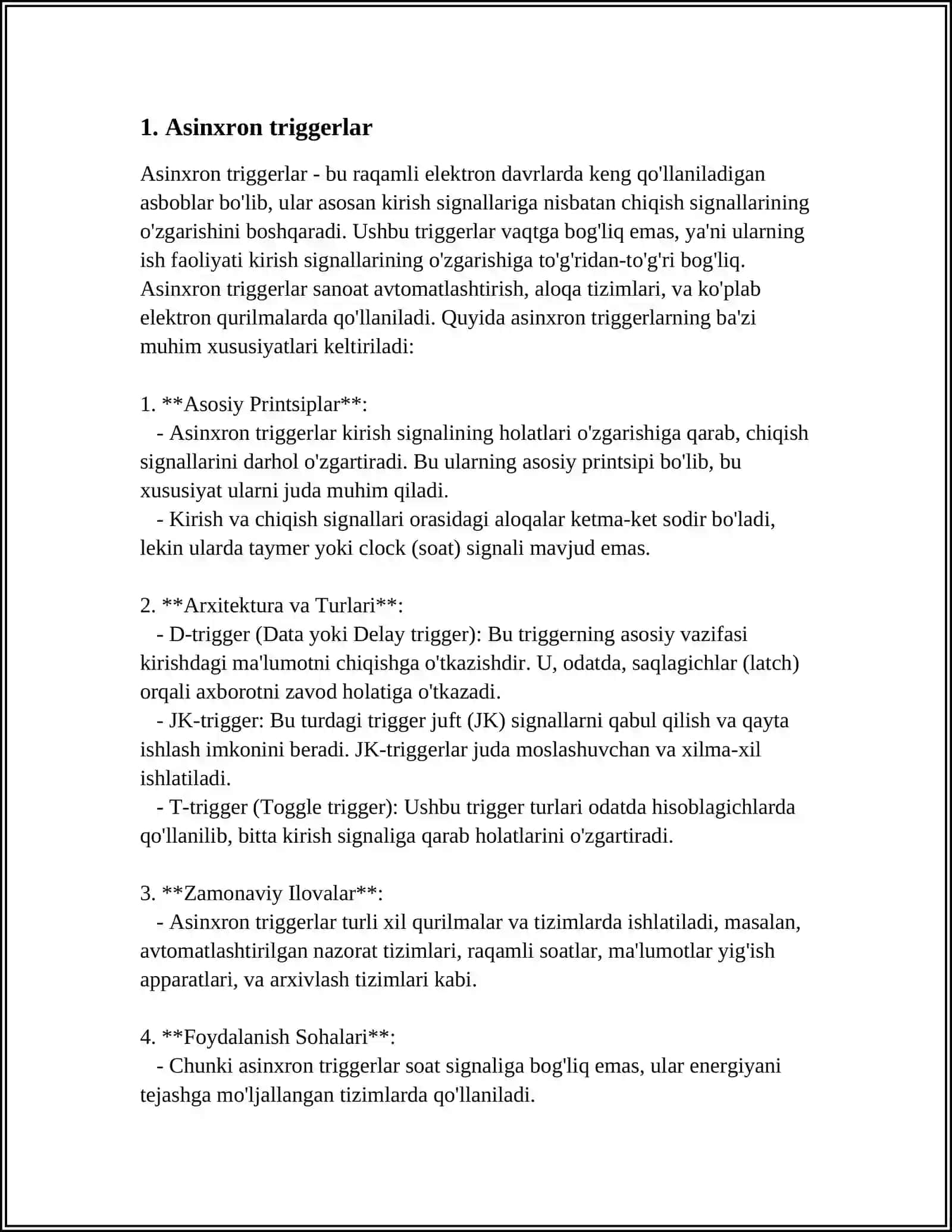 KETMA KET ZANJIRLI SXEMALAR. STABIL YACHEYKALAR YORDAMIDA TRIGGERLAR. ASINXRON, SINXRON TRIGGERLAR 3