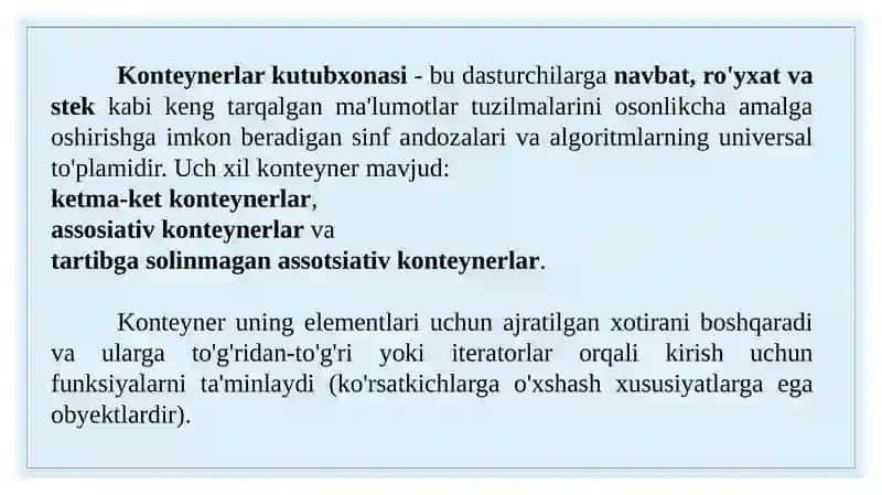 Ma’lumotlar tuzilmalarining umumiy ko’rinishi(massiv vector yozuv). Chiziqli ma’lumotlar tuzilmalari. Statik va dinamik massivlar. Chiziqli konteynerlar va ularni qo’llash. Iteratorlar. 3
