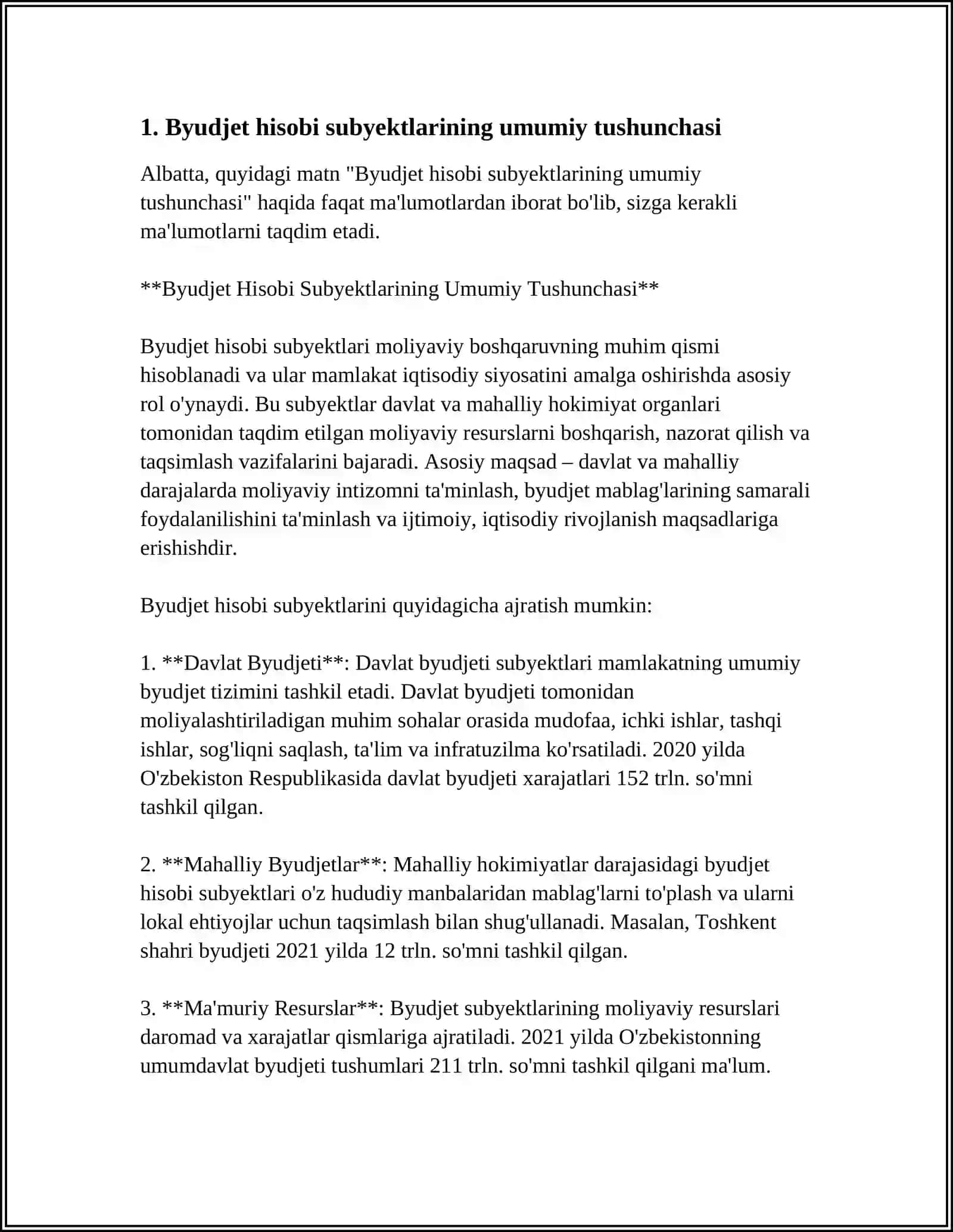 MUSTAQIL ISH Mavzu: BYUDJET HISOBI SUBYEKTLARI, ULARNING VAZIFALARI, HUQUQLARI VA JAVOBGARLIKLARI 3