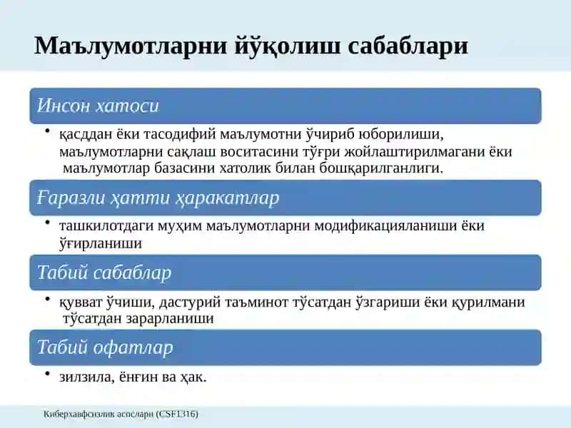 16 - Маъруза: Маълумотлар ва ахборотни тикланиши ва барқарорлиги 3