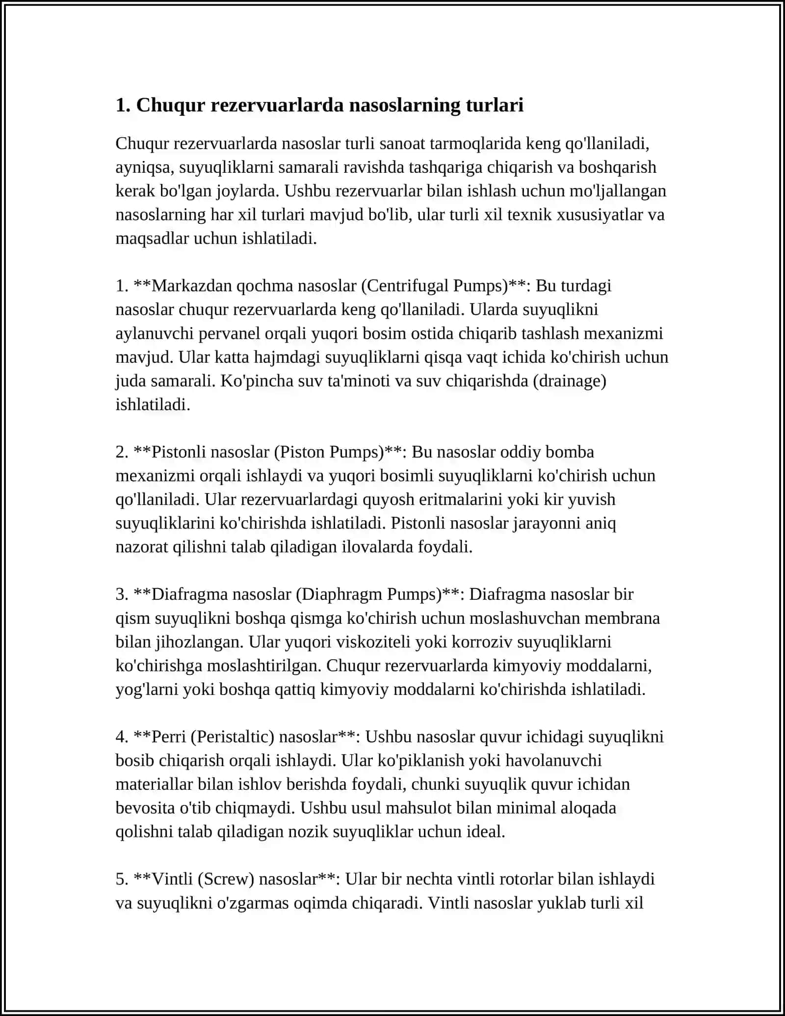 MUSTAQIL ISH Mavzu: CHUQUR REZERVUARLARDA QO'LLANILADIGAN NASOSLAR 3