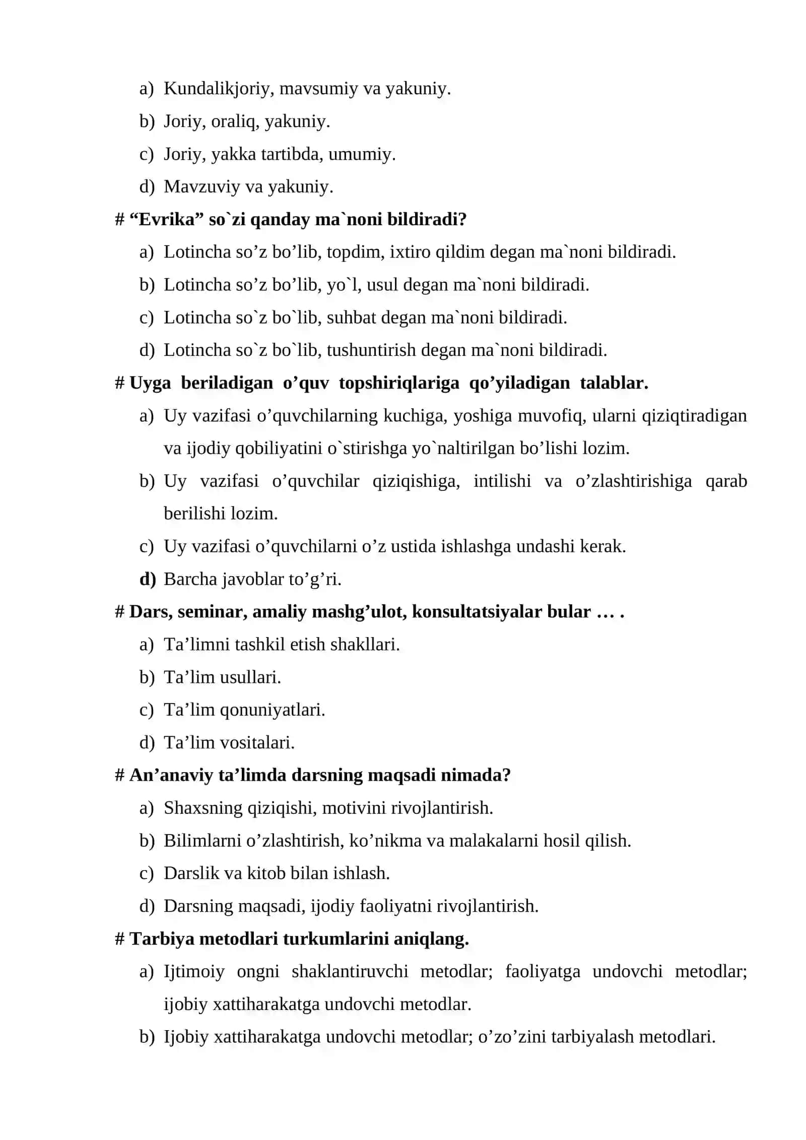 Umumiy pedagogika YAKUNIY NAZORAT SAVOLARI 200 ta 3
