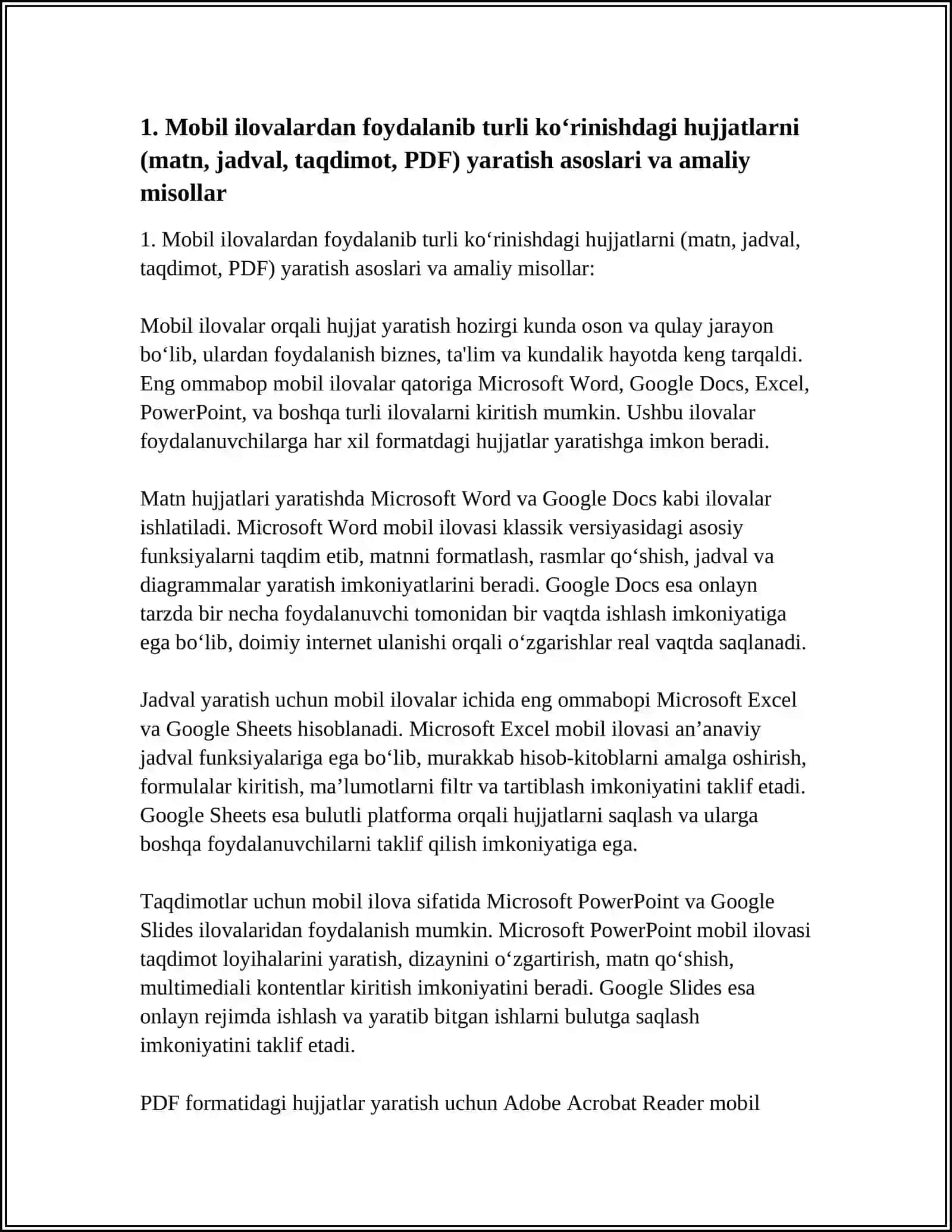 MOBIL ILOVALARDAN FOYDALANIB HAR XIL KO’RINISHDAGI HUJJATLARNI YARATISH.KOMPYUTER TARMOQLARI VOSITALARI VA ULARNING TURLARI. NANOTEXNOLOGIYALAR HAQIDA UMUMIY MA’LUMOT BERISH, YARATILISH VA RIVOJLANISH TARIXINI YORITISH 3
