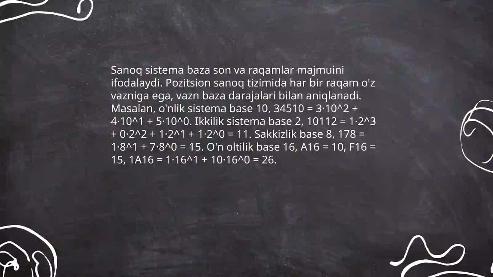 Turli sanoq sistemalarida arifmetik amallar bajarish: qo'shish, ayirish, ko'paytirish va bo'lish(misollar bilan) 3