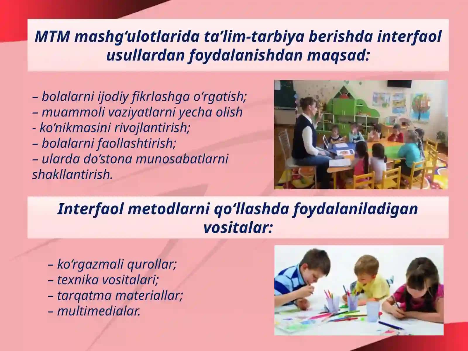 Maktabgacha ta’lim muassasalarida maktabgacha yoshdagi bolalarning har tomonlamarivojlanishinita’minlashgaqaratilganpedagogikjarayonmurakkab,shubilanbirgarang-barangdir.Ta’lim-tarbiyasamaradorligigaerishishdamaktabgachata’limmuassasalaridagiharbirfaoliyatturinito’g’ritashkiletishlozim 3