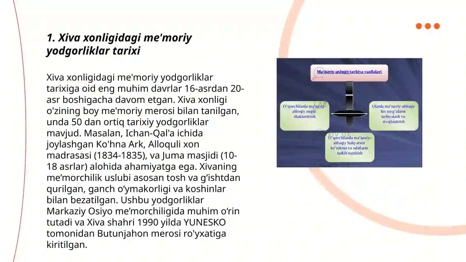 Xiva xonligida bunyod etilgan me’moriy yodgorliklaridagi naqshlar va tasvirlarning nafisligi va o’ziga xosligi 3