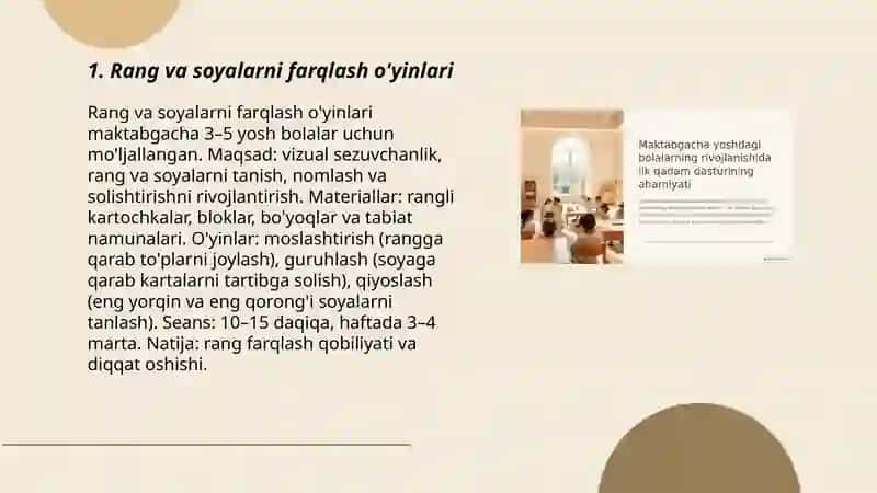 Ilk maktabgacha yoshdagi bolalarni koʻruv va eshitish analizatorini rivojlantirish, sensor analizatorlarni rivojlantirishga qaratilgan oʻyinlar 3